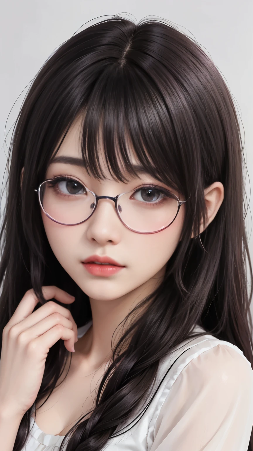 background(黒いnight空,Big Moon),Close-up of a woman,Wearing a white shirt、((Black-rimmed glasses))、Purple Hair,Very long hair,very thick braids,Purple eyes,big , realistic girl rendering, 8k artistic german bokeh, Enchanting girl, Real Girl, Gurwitz, Gurwitz-style artwork, Girl Roleplay, Realistic 3D style, cgstation Popular Topics,, 8K Portrait Rendering,(truth,truth:1.4),巨big ,Sparkling eyes,Purple eyes、Captivating beauty、Attractive adult woman、Beautiful woman、Cool girl、evil female、brainwashingされた、brainwashing、Fallen into evil、Grin、邪evilな表現、邪evilな笑顔、evil、Brown Hair、Wavy Hair、Swept-apart bangs、Heavy makeup、Heavy makeup、Sharp Eye、Hollow Eyes,Half-closed eyes、Hollow Eyes、Purple Eyeshadow、Black lipstick、Black lip gloss、Long black cheongsam、Wide sleeves、night、Spooky Fortressscape Brush、Compensate、Are standing、