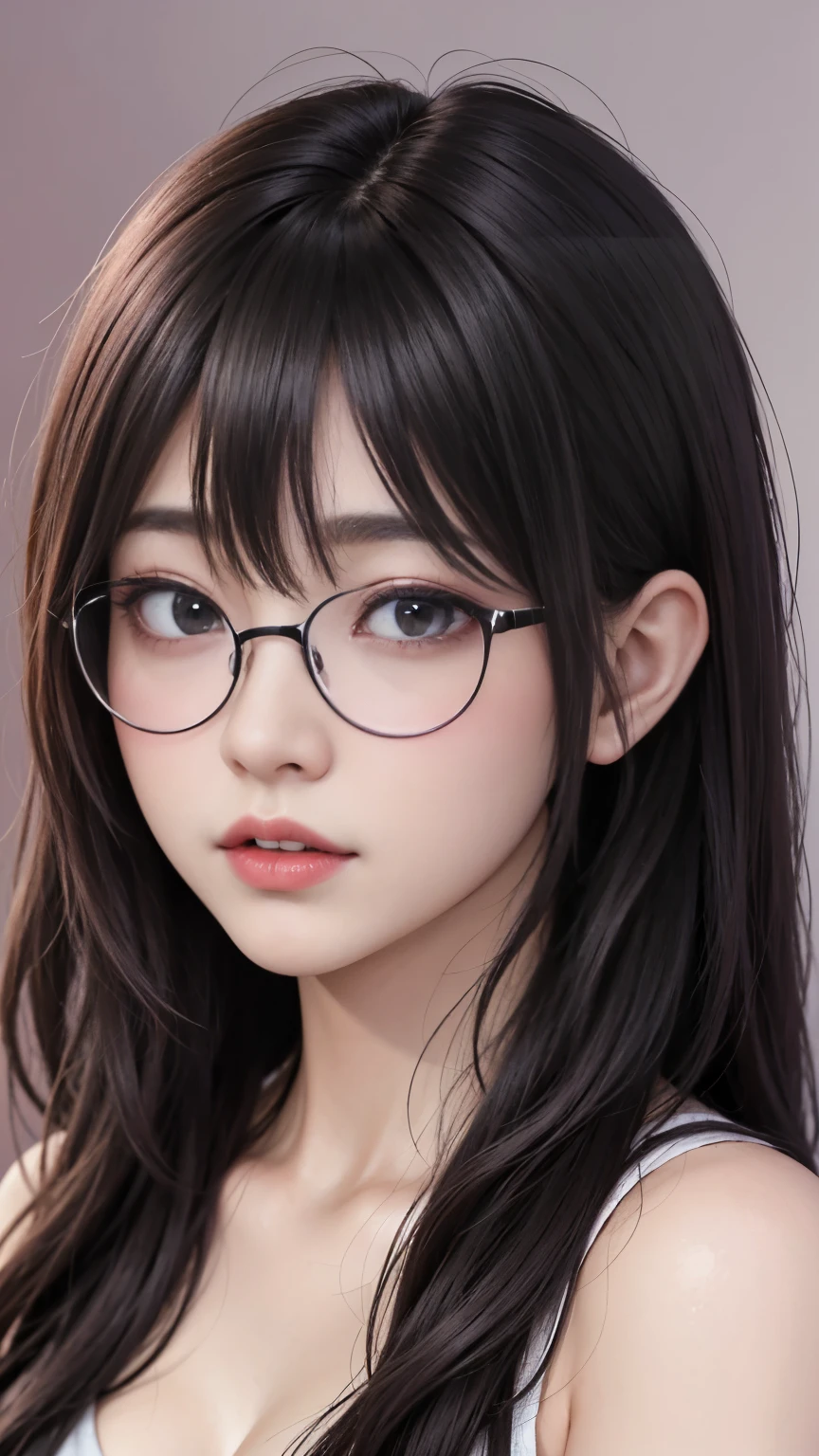 background（黒いnight空，Big Moon），Close-up of a woman，Wearing a white shirt、((Black-rimmed glasses))、Purple Hair，Very long hair，very thick braids，Purple eyes，big ， realistic girl rendering, 8k artistic german bokeh, Enchanting girl, Real Girl, Gurwitz, Gurwitz-style artwork, Girl Roleplay, Realistic 3D style, cgstation Popular Topics,, 8K Portrait Rendering,（truth，truth：1.4），巨big ，Sparkling eyes，Purple eyes、Captivating beauty、Attractive adult woman、Beautiful woman、Cool girl、evil female、brainwashingされた、brainwashing、Fallen into evil、Grin、邪evilな表現、邪evilな笑顔、evil、Brown Hair、Wavy Hair、Swept-apart bangs、Heavy makeup、Heavy makeup、Sharp Eye、Hollow Eyes,Half-closed eyes、Hollow Eyes、Purple Eyeshadow、Black lipstick、Black lip gloss、Long black cheongsam、Wide sleeves、night、Spooky Fortressscape Brush、Compensate、Are standing、