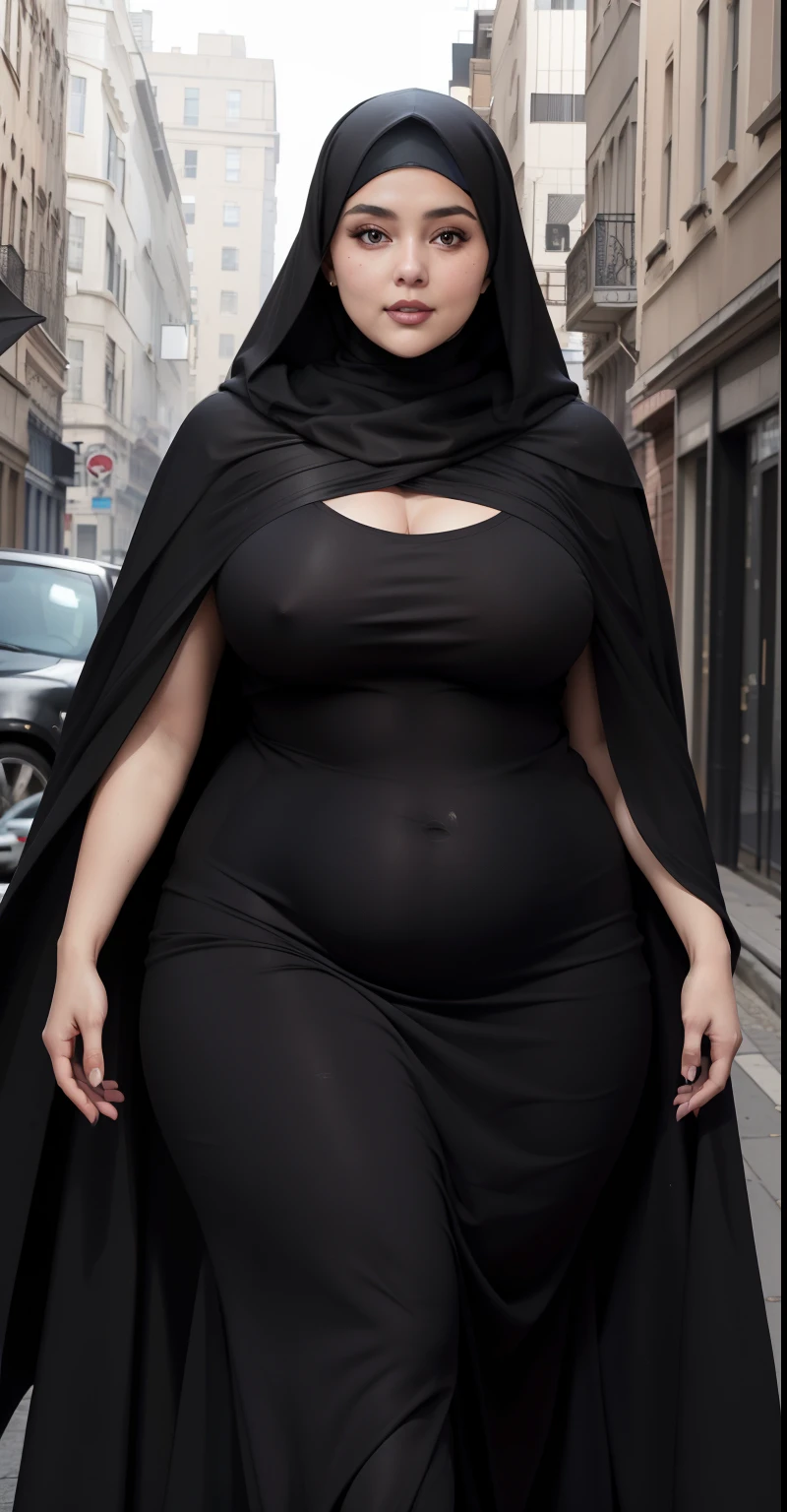 Naked woman in opened black dress and hijab walking down the street, , naked hijab outfit, with a long black cape, hijab fashion model, plus size, plus size woman, , naked woman in open black robes, beautiful burqa's naked woman, thicc, black outfit,, bbwchan 