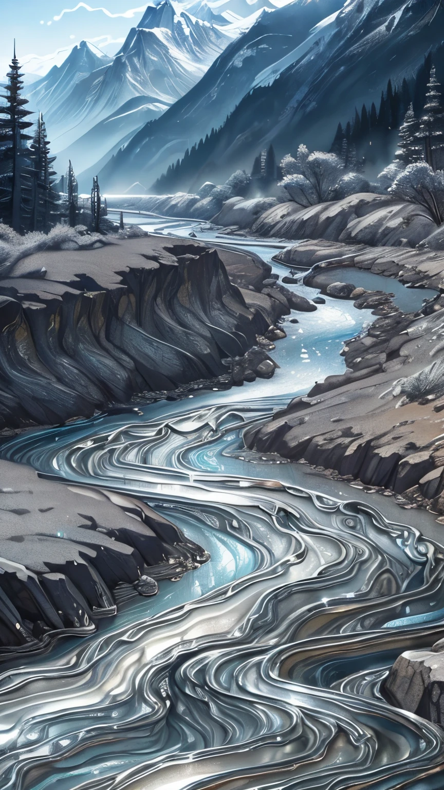 best quality, masterpiece, landscape painting of a river passing through the mountains, (shining silver liquid metal flowing river:1.5), fantasy, iridescent shining, image effect