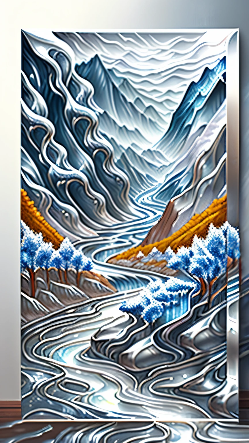 best quality, masterpiece, landscape painting of a river passing through the mountains, (shining silver liquid metal flowing river:1.5), fantasy, iridescent shining, image effect