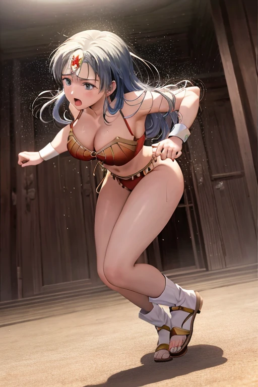 masterpiece, best quality, beautiful art, high resolution, well formed hands, body and fingers, 1 woman, solo, wonder woman,  tiara , long blue hair, blue eyes, arabian belly dancer, adult, big breasted, cleavage, hair ribbon, full body, sexy and skimpy outfit , gorgeous legs and thighs , ryona,in peril, she is being beaten up by her opponent, receiving the impact of her opponent's attacks, reacting to the hits, closed eyes, she is being slapped in the face, knocked down, slammed against the floor, screaming in pain and agony, showing weakness and vulnerability, heroine in peril, ryona and perilous scene, sweating, bouncing breasts, martial arts tournament with beach environment 