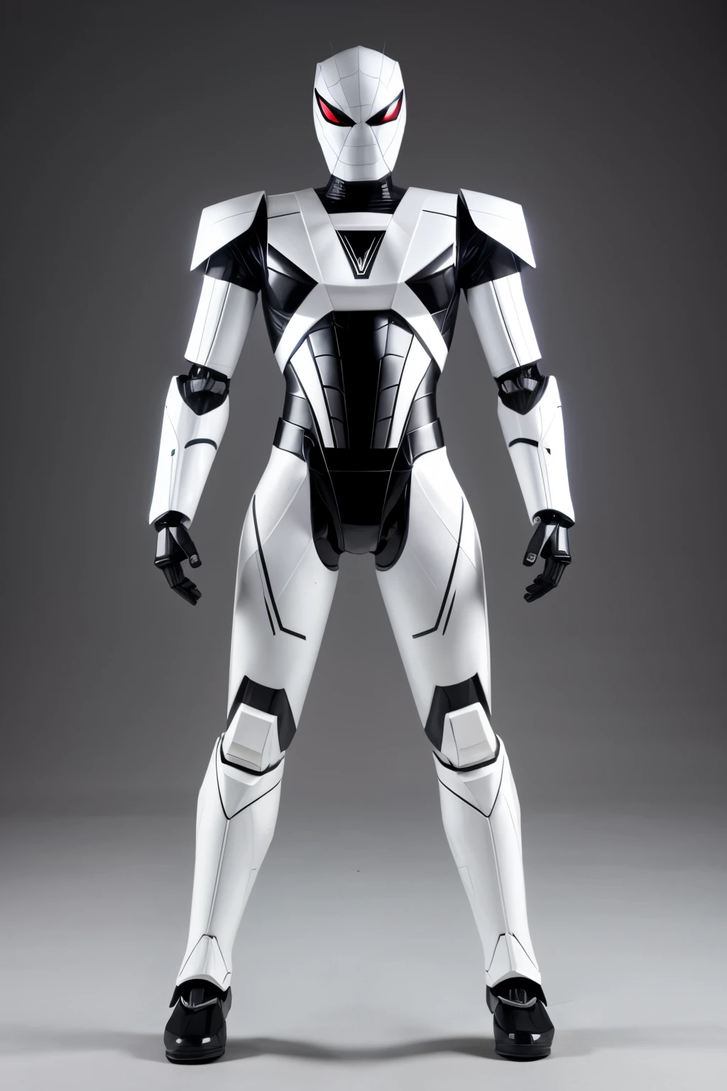 full body portrait of a modern, sleek, and humanoid style robot with an inverted triangle body type. The robot draws inspiration from Power Rangers. main body color is white. Spider-Man logo centered on the helmet