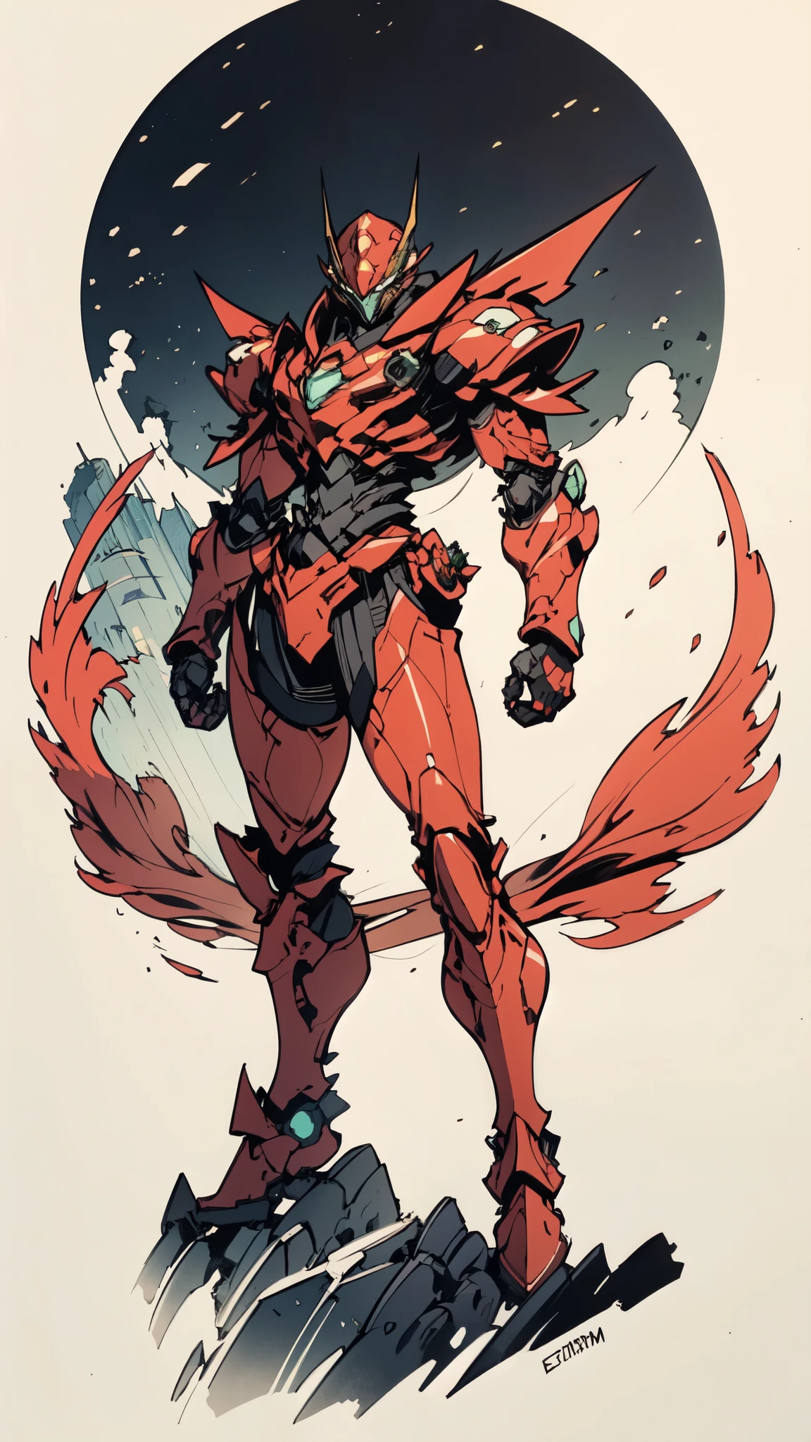 A man wearing a full-face helmet, a fantasy-style biotech armored combat suit, green eyes, (a composite layered chest armor), fully enclosed shoulder guards, matching arm and leg guards, the belt is adorned with 666 mark, (the color scheme is primarily red with yellow and white accents), the design balances heavy with agility, a high-tech bio-mecha armor, (Armor Concept Inspired by Demon, stand on the top of a skyscraper in a futuristic sci-fi city), this character embodies a finely crafted fantasy-surreal style armored hero in anime style, exquisite and mature manga art style, (battle damage, element, plasma, energy, the armor glows), ((male:1.5)), metallic, real texture material, dramatic, high definition, best quality, highres, ultra-detailed, ultra-fine painting, extremely delicate, professional, perfect body proportions, golden ratio, anatomically correct, symmetrical face, extremely detailed eyes and face, high quality eyes, creativity, RAW photo, UHD, 32k, Natural light, cinematic lighting, masterpiece-anatomy-perfect, masterpiece:1.5