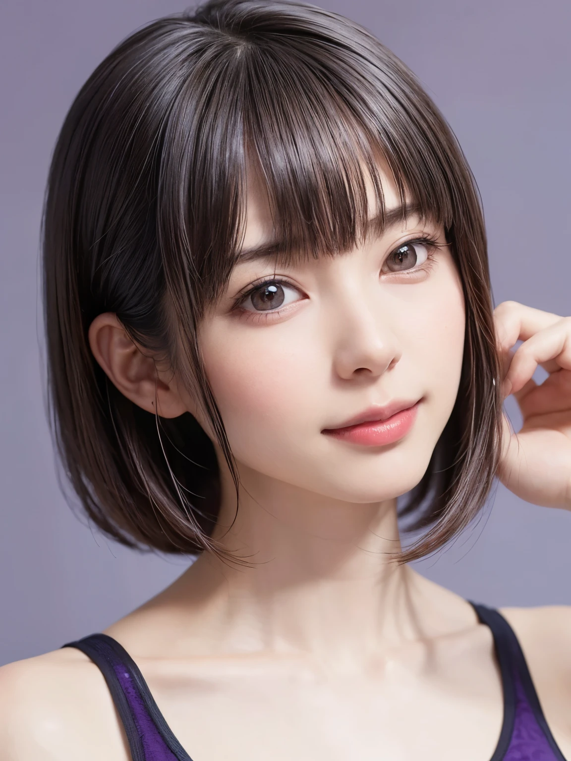 A close up of a woman with a purple top and a black hair - SeaArt AI