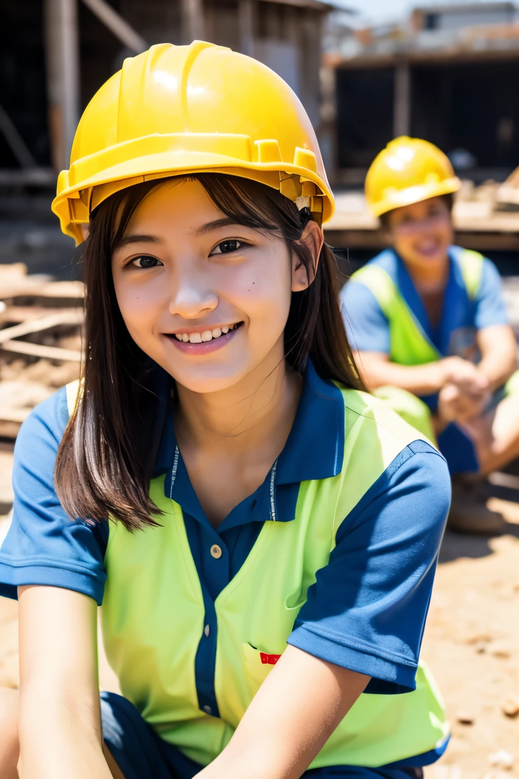 A 20-year-old girl with a very cute face like an idol.、Gentle and cute、A kind smile、Building construction site、Sitting with some workers taking a break、Yellow Helmet、Work clothes、Cleavage、彼女はWork clothesを脱ぎ下着姿、彼女はWork clothesを脱ぎ下着姿、whole body、RAW Photos、Genuine、Genuine、High resolution、Genuine Life