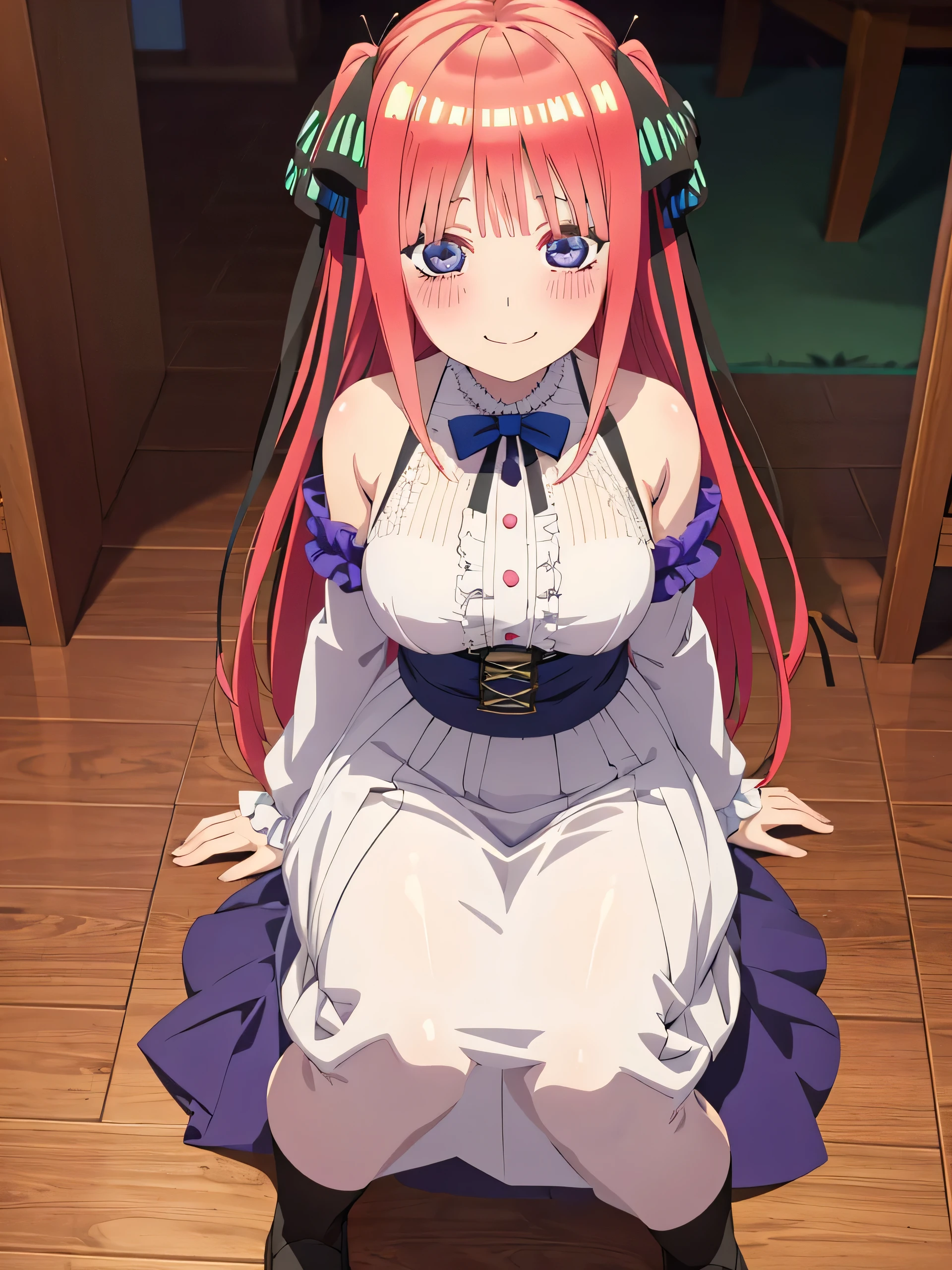 best quality, ultra-detailed masterpiece, anime art style, cute characters, nino nakano, breasts, blush, smile, full body