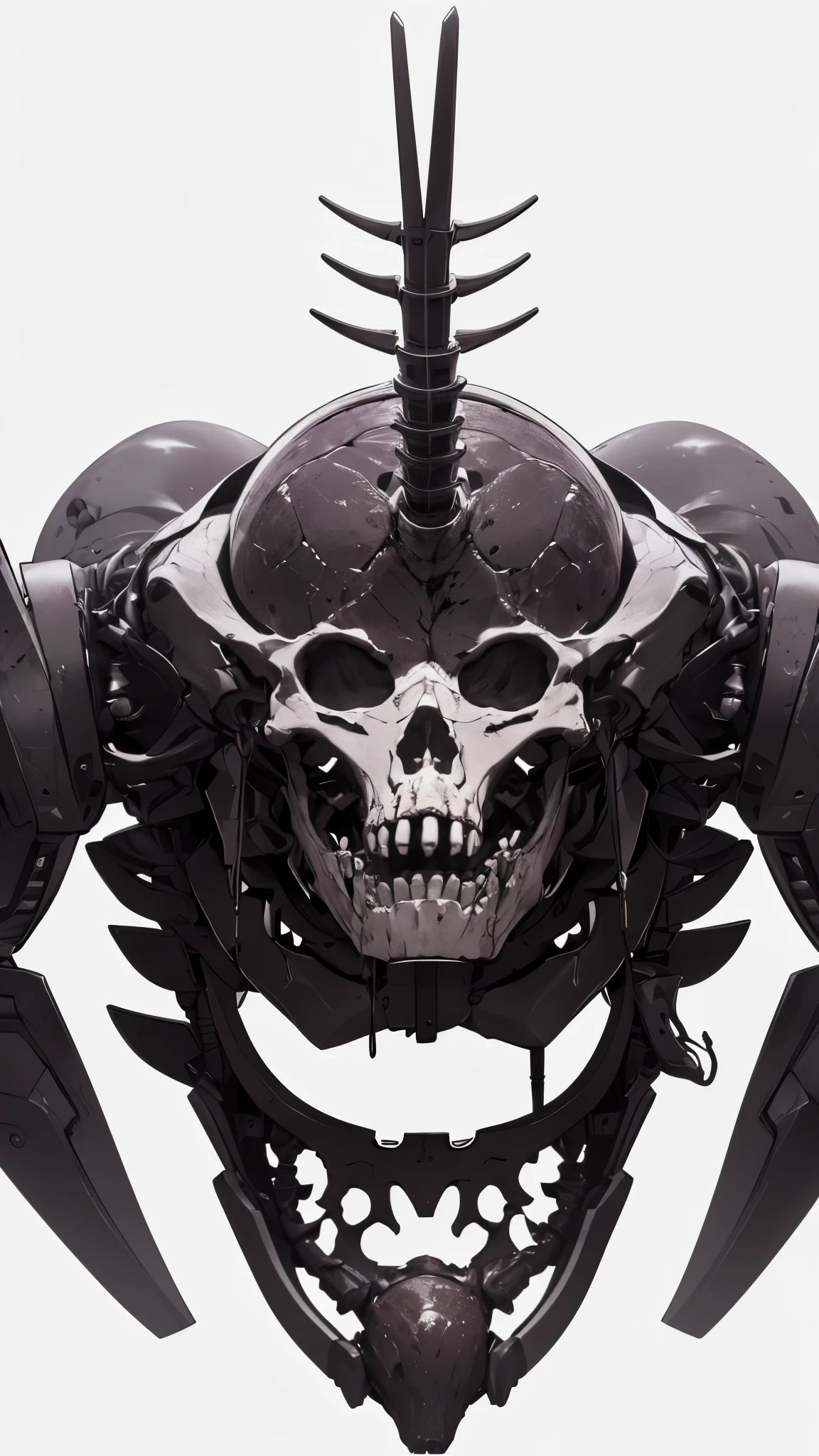 ((8K resolution))、((highest quality))、((masterpiece))、((Very detailed))((((dramatic))), (Anatomically correct)、The depth of the object to write、Looking at the camera、front、(woman、Mechanical bones格、Mechanical boneechanical Cervical Vertebra、Long and thin、lipstick、Spit sludge from the mouth、Bloody)、spooky、an ominous、((theme、whole body:1.1)), SF、Design、White Background