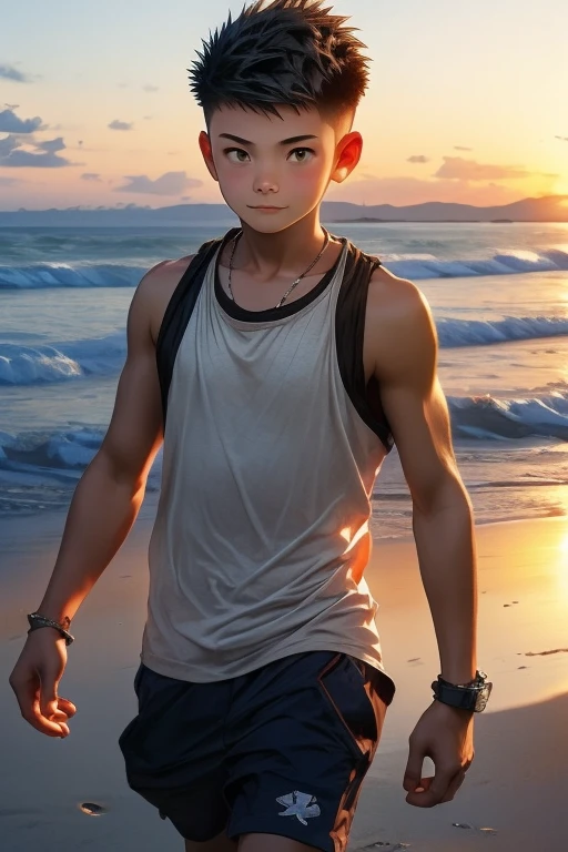 beach, Before dawn, boy , walking, 18 years old, Wearing a T-shirt, sleeveless, Short spiked hair, crew cut hair, Cute, Young, Asian,