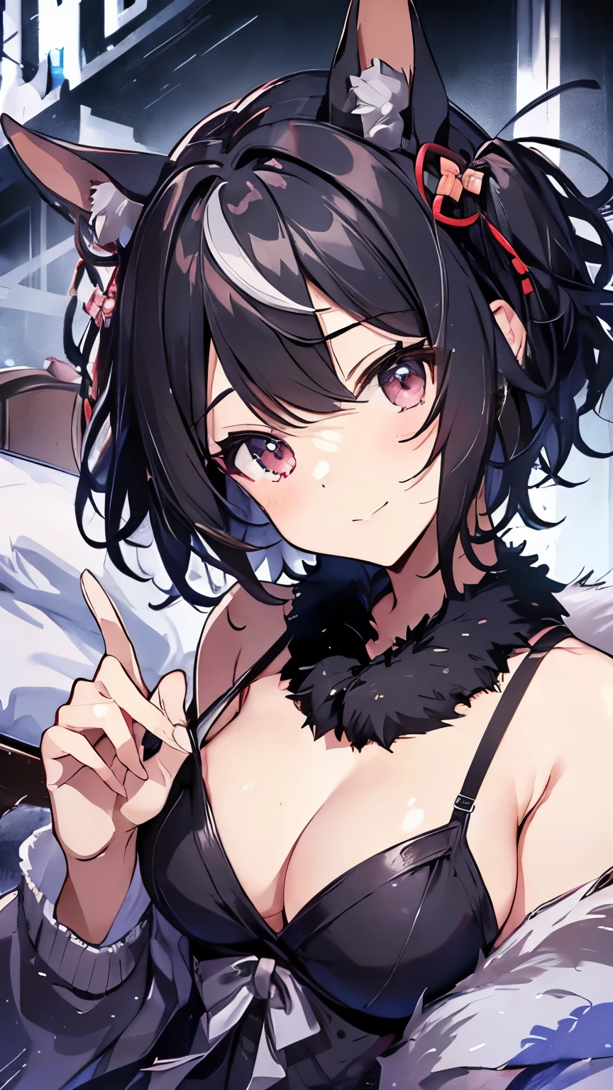 ((masterpiece,highest quality)), Movie angle,(Kitasan black_umamusume),Animal ears, short hair, Striped Hair, hair ornaments, Horse tail,(naked、Cover with cloth、Cleavage、Sleeping in bed、Spread your legs、Seductive pose、Reaching for the camera),nice,Long faux fur,hairpin, alone, Shy smile,Looking at the audience,