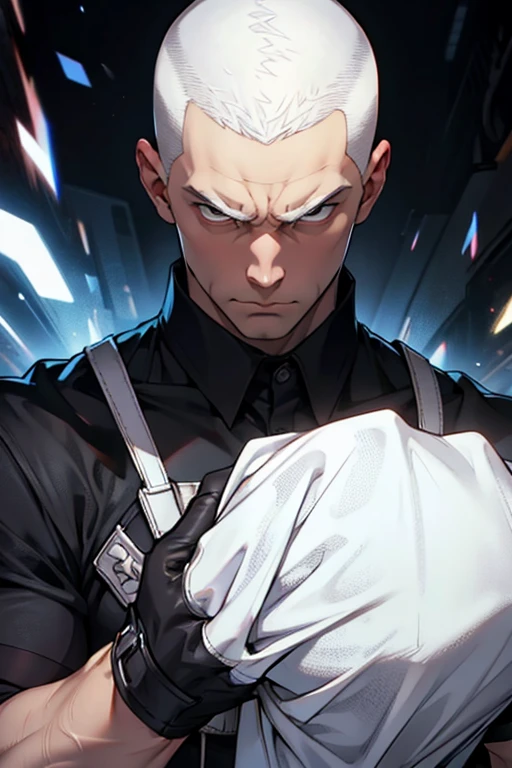 Strong white man white hair buzzcut in black shirt and serious face putting on gloves