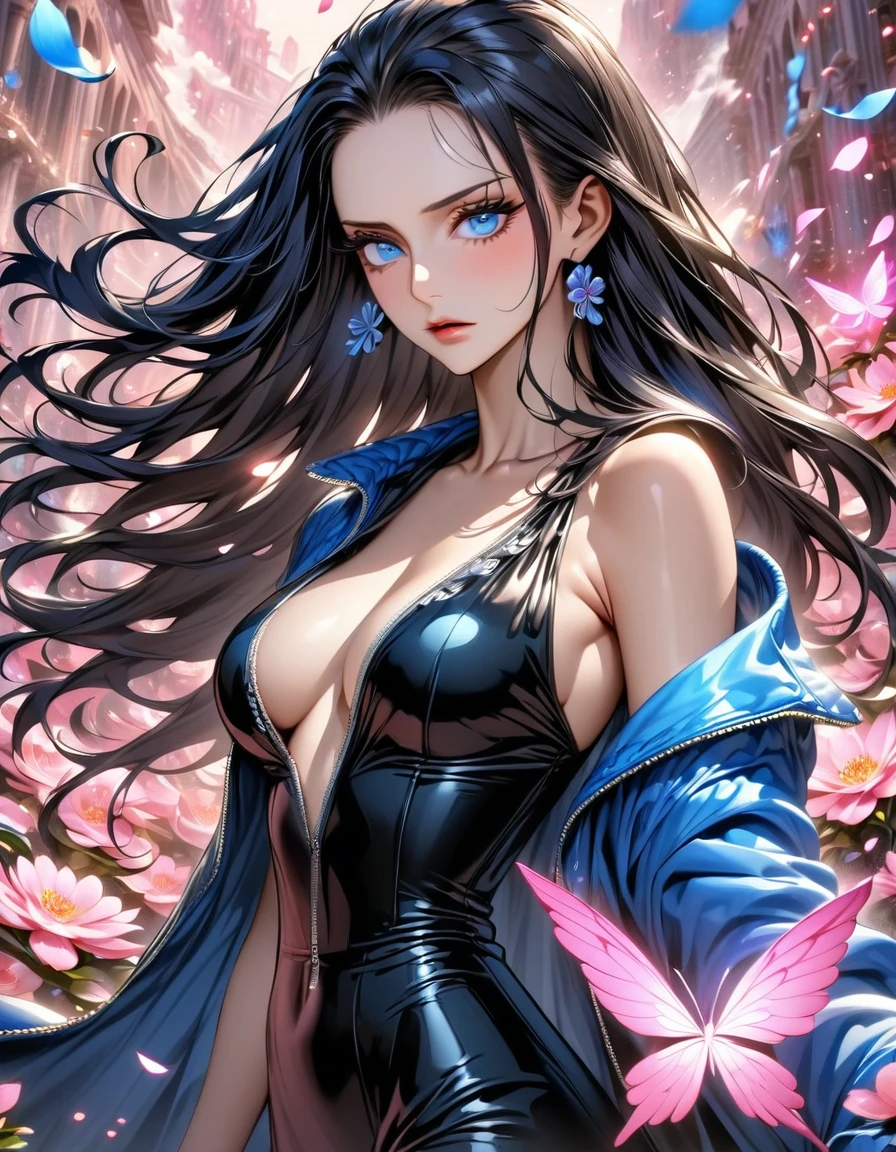 absurdres, highres, ultra detailed, HDR, master piece, best quality, Nico Robin, long black hair, expressive blue eyes, one piece, solo, woman, beautiful, black dress, blue jacket, pink butterflies, petals, pink flowers, magical, fantasy, glittering, pink background