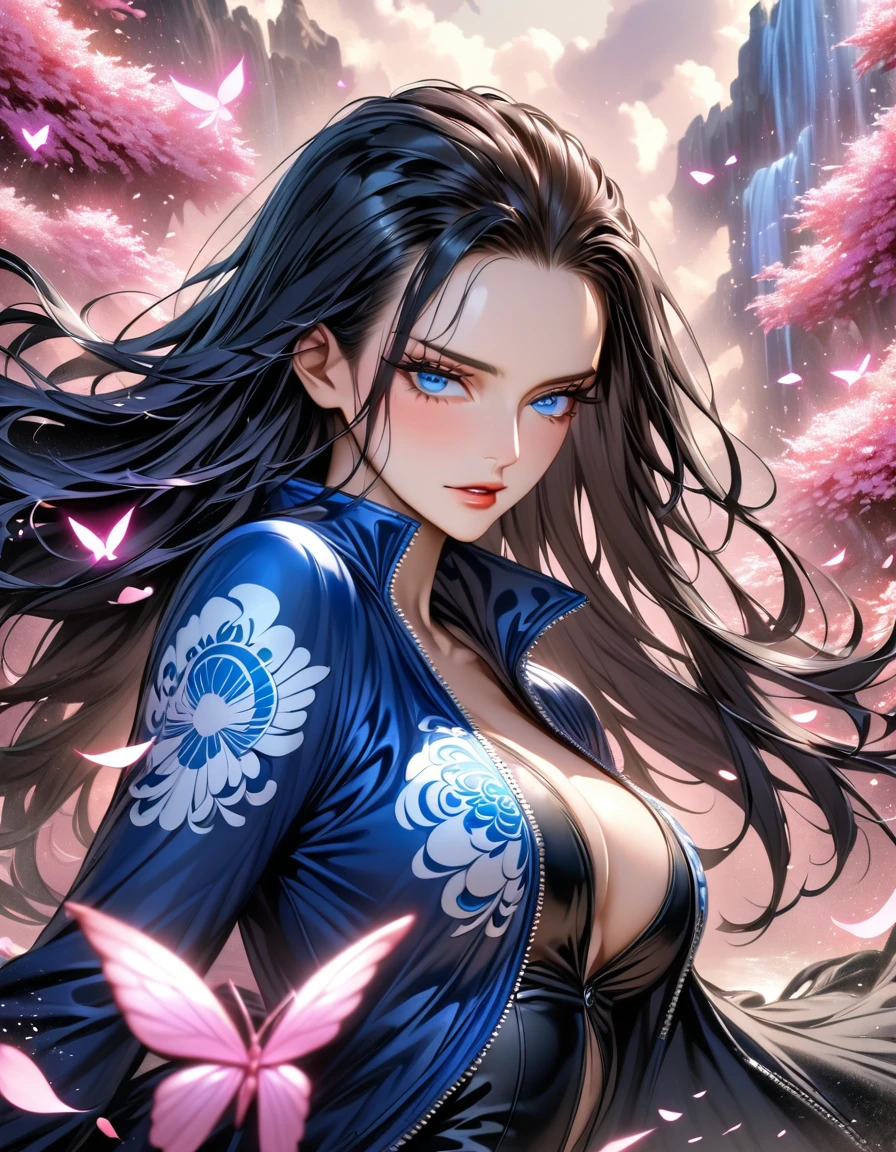 absurdres, highres, ultra detailed, HDR, master piece, best quality, Nico Robin, long black hair, expressive blue eyes, one piece, solo, woman, beautiful, black dress, blue jacket, pink butterflies, petals, pink flowers, magical, fantasy, glittering, pink background