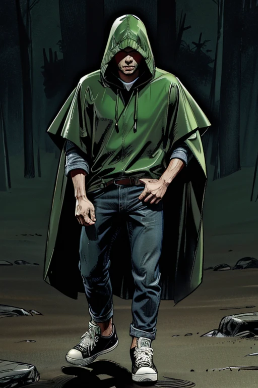 Man in Hooded poncho poncho Raincoat Color: Green and darkened face cap and jeans and converse sneakers Heroic Presence Serious and strong pose Rolled-up sleeves 