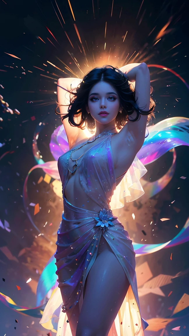 Una foto vista desde arriba, angulo picado. ((Una mujer diosa de los arcoiris, viste un hermoso sexy vestido abierto con escote y adornos tornasol)), (Cabello arcoiris lacio y muy largo con brillo magico), con maquillaje que destaca su mirada magica, tocando un arcoiris con la mano derecha atravesando su bello velo, cuerpo esbelto y delicado, pechos grandes, tiene el arcoiris y un campo abierto detras ella, paisaje al atardecer. raytraced, viento, paisaje de arcoiris sobre la llanura en el atardecer (aesthetics and atmosphere:1.2), curisosa, apasionada, sonrisa magica, feliz, ojos brillantes tornasol,plano amplio, cuerpo completo, pose de bailarina. (foto cruda, mejor calidad), (realista, photo-realista:1.3), Obra maestra, un extremadamente perfecto y hermoso cuerpo, cuerpo palido extremadamente detallado, Best quality score, ultra dynamic high pose, close up, high view, arcoiris magico and field atmosphere, pose de bailarina.
