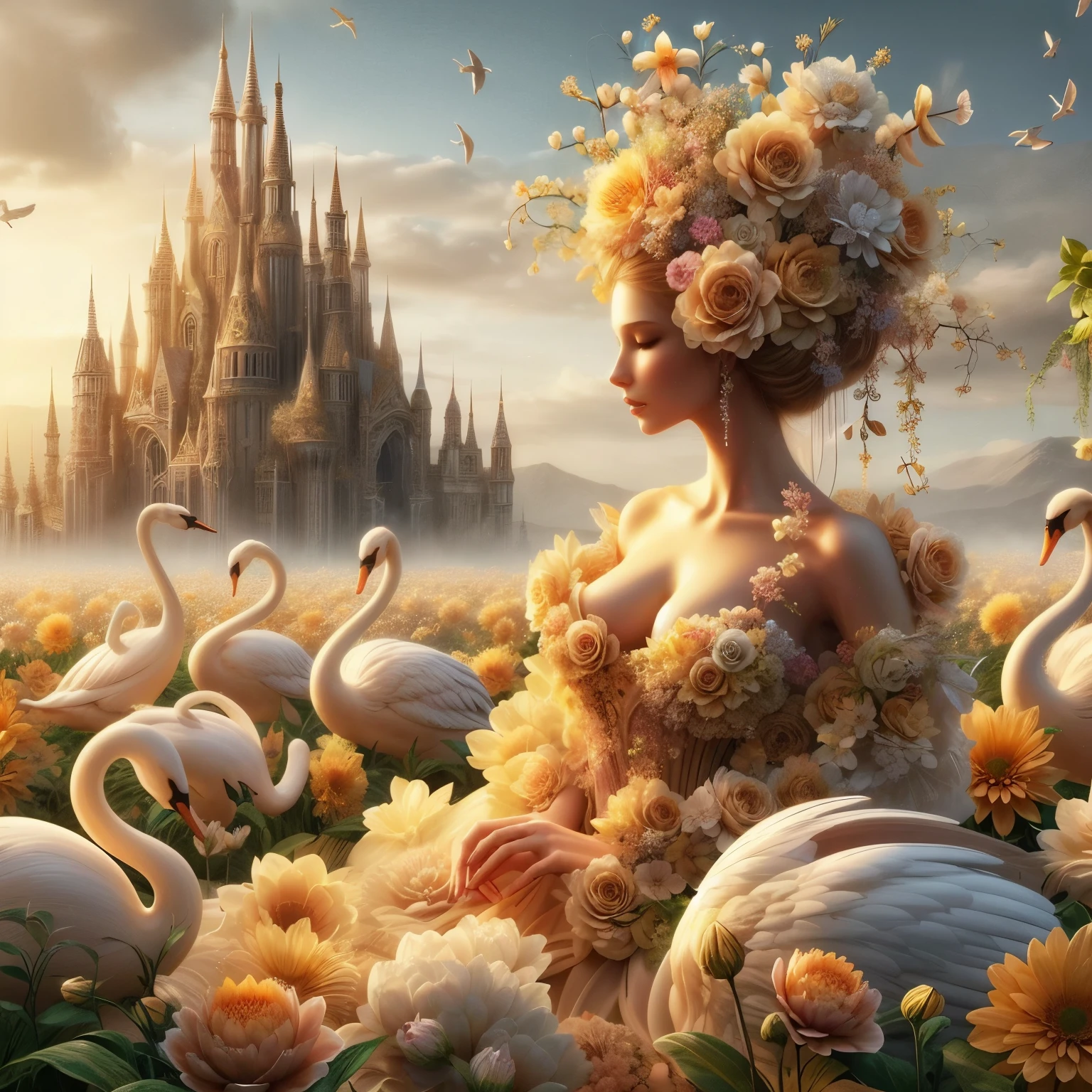 Flowers like castles from a golden spring tower over a beautiful Lady fare, in the spring of eternal sun she bathes her alabaster form to a symphony of trumpeter swans the flay in the sunbeam shy of assure and cotton cloud A extreme 90 meters long shot octane render, high quality hyperdetailed 24k photorealistic, DEHAZE,