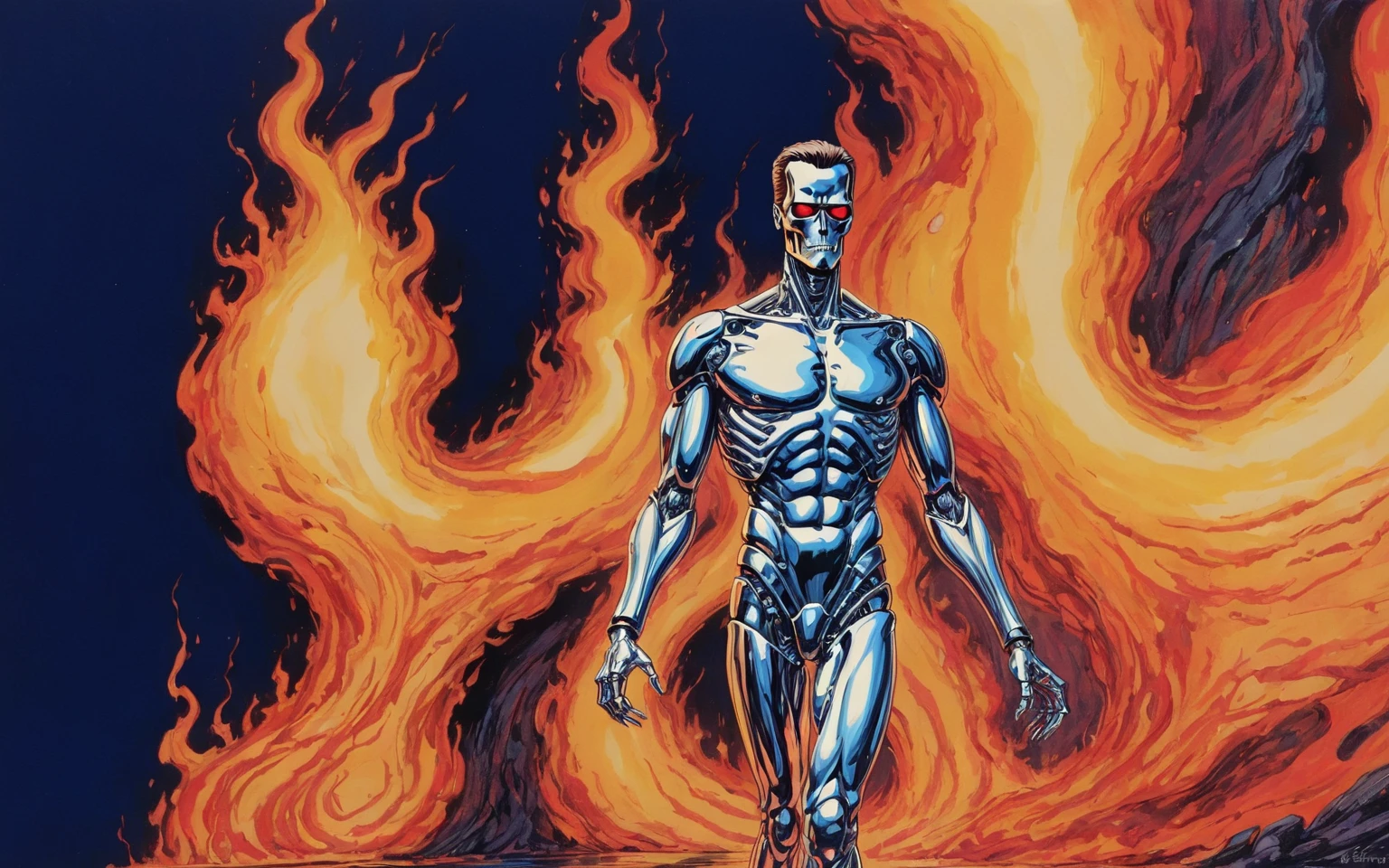 Liquid Metal, T-1000, terminator, high intensity heat, flame heat rays, flame rollout, heat haze, heat shimmer, contrast between fiery inferno colors and liquid metal cool hues of the liquid man walking through the blaze, hand drawn, realism,