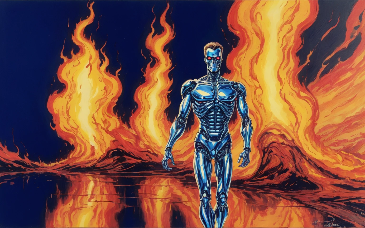 Liquid Metal, T-1000, terminator, high intensity heat, flame heat rays, flame rollout, heat haze, heat shimmer, contrast between fiery inferno colors and liquid metal cool hues of the liquid man walking through the blaze, hand drawn, realism, 