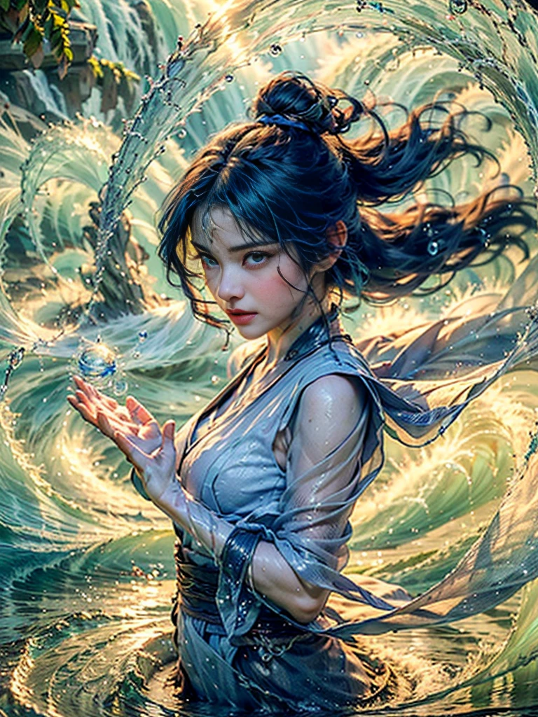 ((best quality)), ((masterpiece)), (detailed), (realistic), (official art), (extremely detailed CG unity 8k wallpaper), (water magic:1.2), (manipulating water:1.1), (elemental control:1.2), (graceful movements:1.1), (aquatic beauty:1.2), (mystical powers:1.2), (serene expression:1.1), (flowing tides:1.2), (sparkling droplets:1.2), (enchanted aura:1.1), (magical incantation:1.2), (rippling waves:1.2), (splendid water formations:1.1), (emerging from a water vortex:1.2), (resonating with nature:1.2), (commanding the elements:1.2), (translucent veil:1.1), (wisdom and power:1.2), (whirlpool of enchantment:1.2), (glowing water glyphs:1.1), (harmony with the sea:1.2), (mysterious origins:1.2), (harmonious balance:1.1), (serene strength:1.2), (spellbinding spectacle:1.2), (immersing in liquid magic:1.1), gorgeous woman [Elizabeth II:Maude Adams:0.45] (embracing her destiny:1.2)