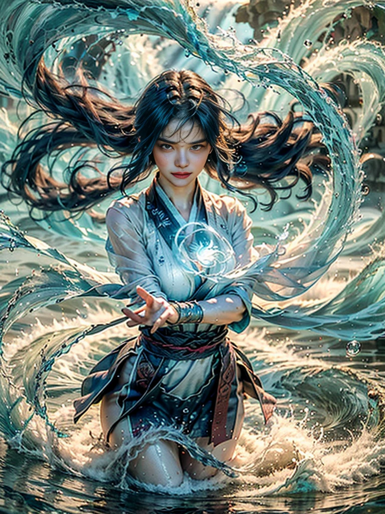 ((best quality)), ((masterpiece)), (detailed), (realistic), (official art), (extremely detailed CG unity 8k wallpaper), (water magic:1.2), (manipulating water:1.1), (elemental control:1.2), (graceful movements:1.1), (aquatic beauty:1.2), (mystical powers:1.2), (serene expression:1.1), (flowing tides:1.2), (sparkling droplets:1.2), (enchanted aura:1.1), (magical incantation:1.2), (rippling waves:1.2), (splendid water formations:1.1), (emerging from a water vortex:1.2), (resonating with nature:1.2), (commanding the elements:1.2), (translucent veil:1.1), (wisdom and power:1.2), (whirlpool of enchantment:1.2), (glowing water glyphs:1.1), (harmony with the sea:1.2), (mysterious origins:1.2), (harmonious balance:1.1), (serene strength:1.2), (spellbinding spectacle:1.2), (immersing in liquid magic:1.1), gorgeous woman [Elizabeth II:Maude Adams:0.45] (embracing her destiny:1.2)