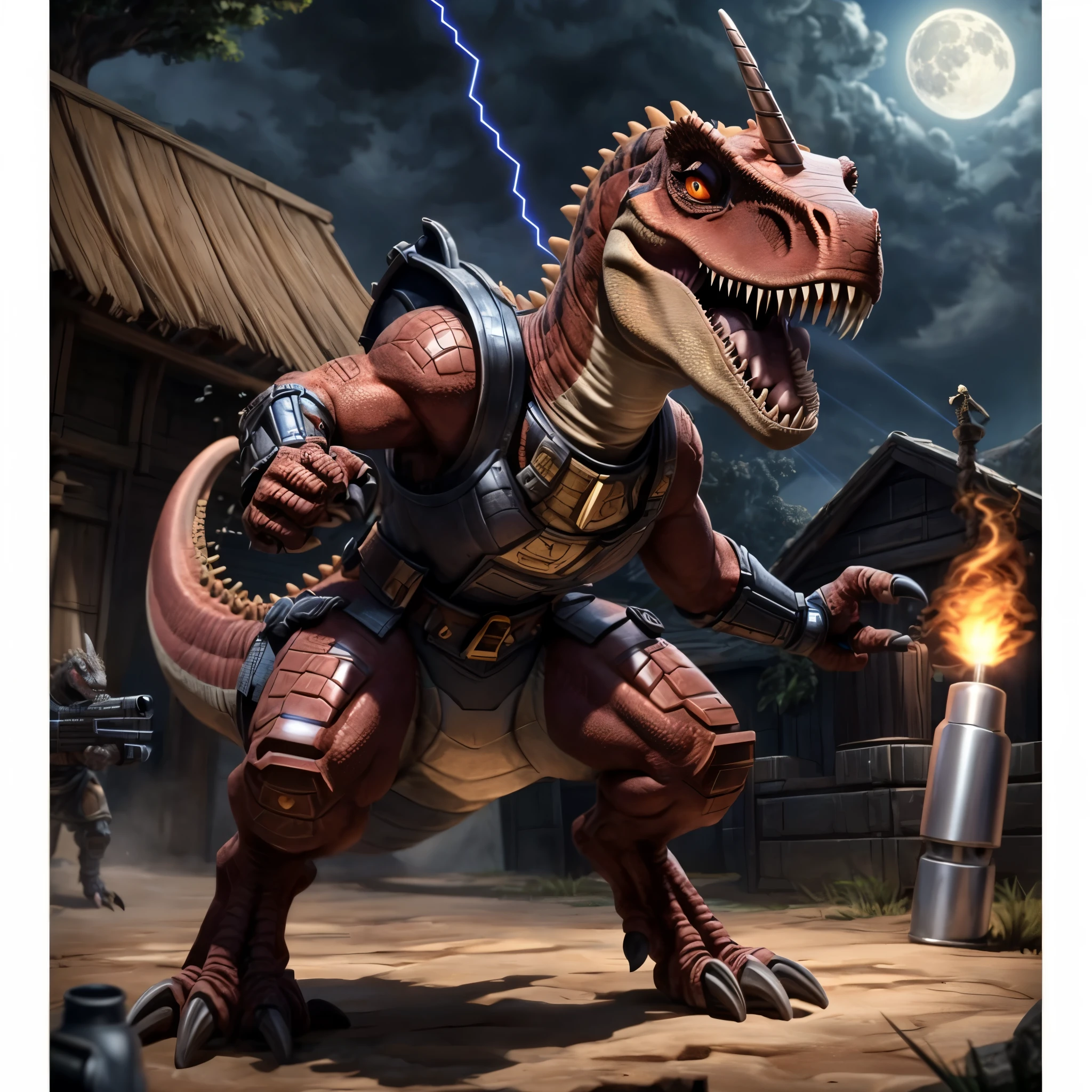 (((dinosaur character, full body, cinematic setting, lizard male))) 

Here I come, drop your jaws to the floor
I'm riding on my (((mighty laser-shooting dinosaur))) 
Here we come, can you hear him roar?

Prepare for epic fight and his (((laser missiles)))
The sound is boom, boom, boom for every time a goblin dies
Let's sing now, here we go, hear my battle cries

(((Made of metal))) from the moon
Assembled by samurai
His battery gets charged by thunderstorm
With most advanced AI
Devouring trolls and unicorns
From his maw there comes a flame
Burning away our enemies
And therefore we proclaim

BREAK, detailed background, 8K, (masterpiece:1.5), intricate details, highly detailed, extreme detail, octane render, fine art, best quality, highres, (detailed face:1.5), ((full_body)), UHD, (((perfect hands))), low light