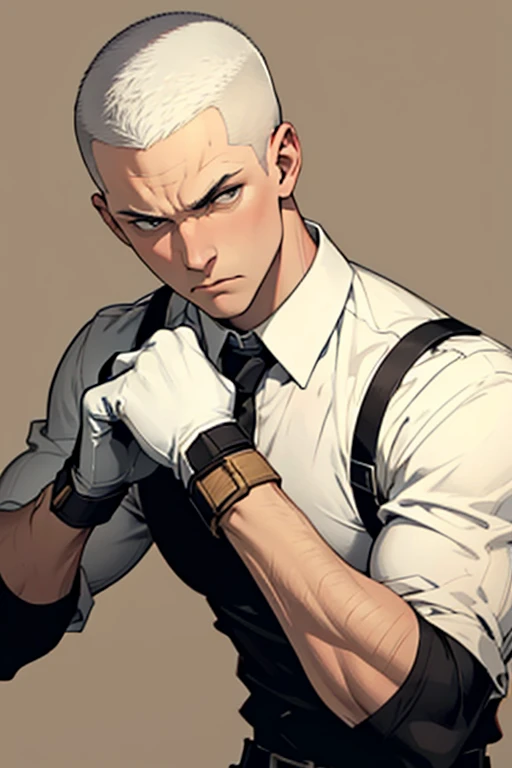 Strong white man white hair buzzcut in black shirt and serious face putting on gloves solid beige background