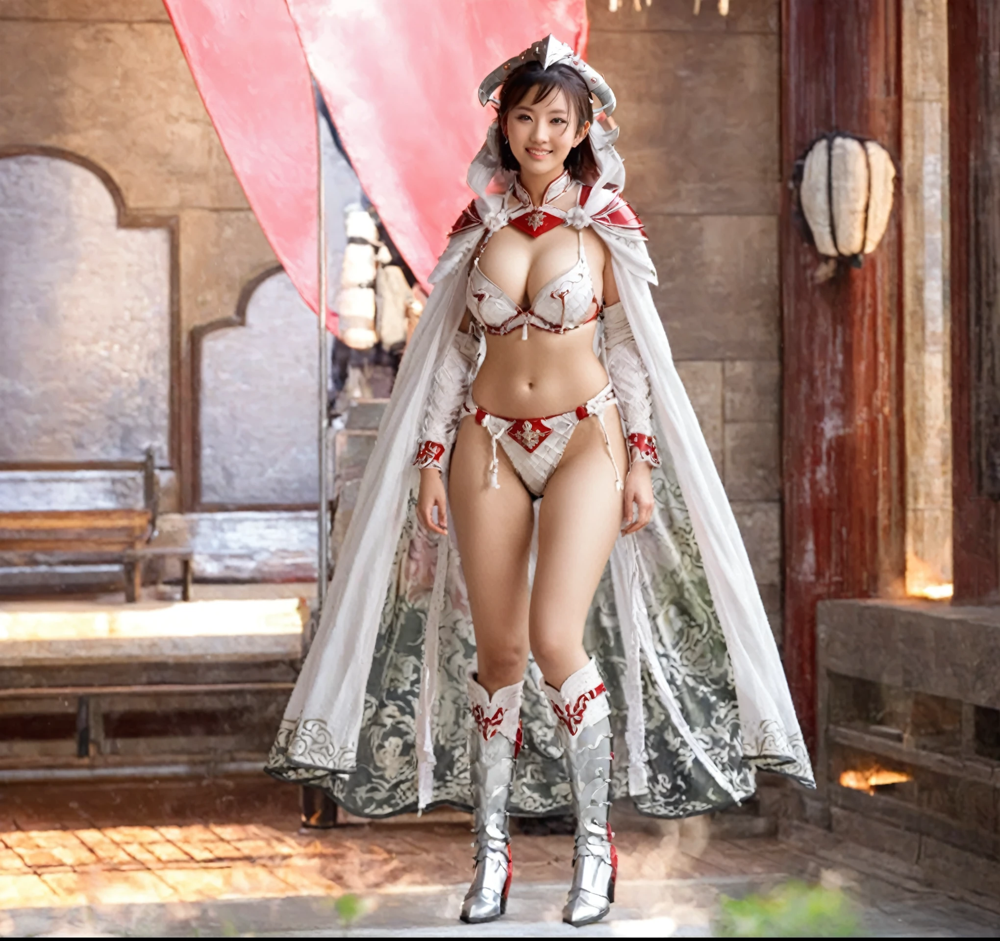 chinese princess warrior warrior,, Short hair girl, Lustful eyes, lustful smile, bikini red and white armor,  almost naked, Huge breasts，Long-legged girl, Put on metal boots, long cloak