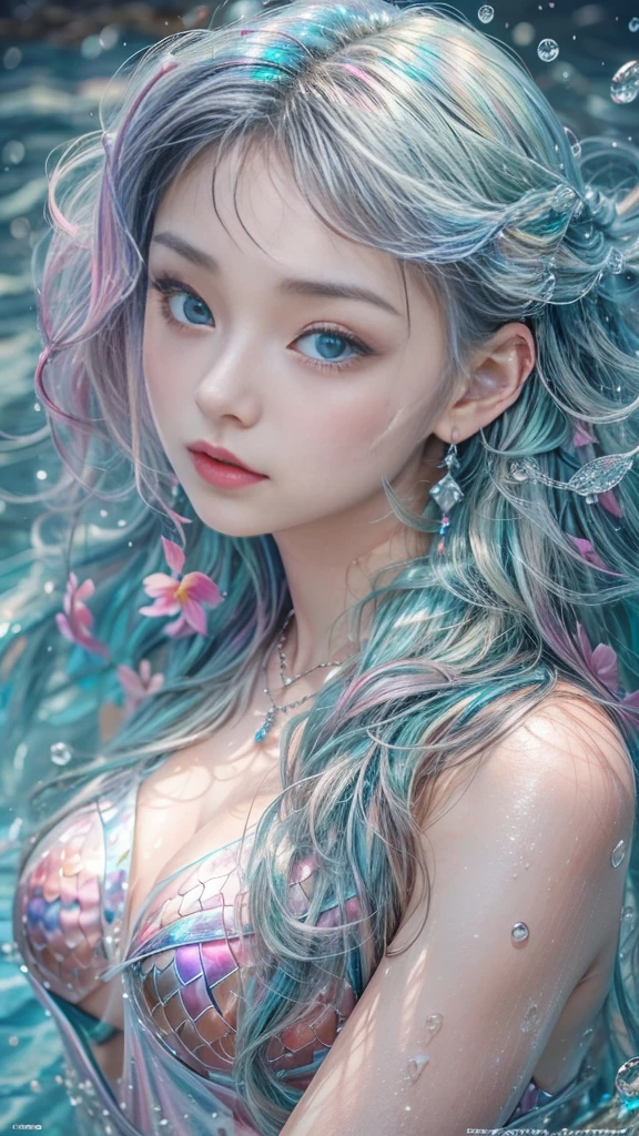 (RAW shooting, Dynamic flow of water waves:1.2, 32k:1.5, highest quality, masterpiece, Ultra-high resolution), (Sea of night:0.7, Spectacular views:0.7, Mystical Expressions:1.3, Expressions of sadness:1.0), Fractal Art:1.3, Perfect dynamic composition:1.3, 非常にdetailedな肌と顔の質感:1.3, (Slim Mermaid:1.3, Mermaid tail), Random Shot, Fair skin:1.2, Incredibly slim body:1.2,Very beautiful face:1.1, Water droplets on the skin, detailed, (Rain drips down on my body:0.9, Wet body:0.9, Wet Hair:1.0), (Posing Pro:0.9, With a wet bouquet:0.9, Gorgeous iridescent and shiny mermaid dress portrait:1.1, Woven Belt), Shapely breasts, (Big eyes that exude beautiful eroticism:0.5, Lips that exude beautiful eroticism:0.5), Totally captivates you, Very sweet atmosphere, necklace, Earrings, bracelet