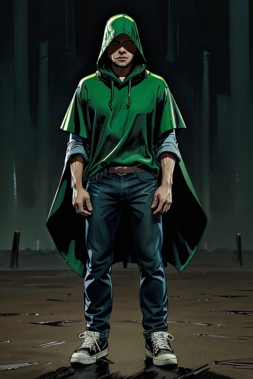 Man in Hooded poncho poncho Raincoat Color: Green and darkened face cap and jeans and converse sneakers Heroic Presence Serious and strong pose Rolled-up sleeves