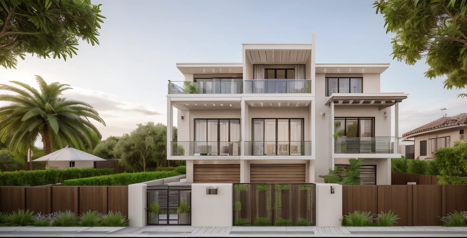 RAW photo,Masterpiece, high quality, best quality, authentic, super detail,
exterior, outdoors, house style modern with white stucco wall, house style modern with brown stucco wall, balcony, railing glass, refection glass windows, indoor furniture, plant and tree near the house, plant on the rooftop,
,grass,tropical garden, trees, beautiful summer sky, beautiful landscape with grass and flower bushes, plants, trees
(day:1.2), vray, 8k, uhd, vivid colour