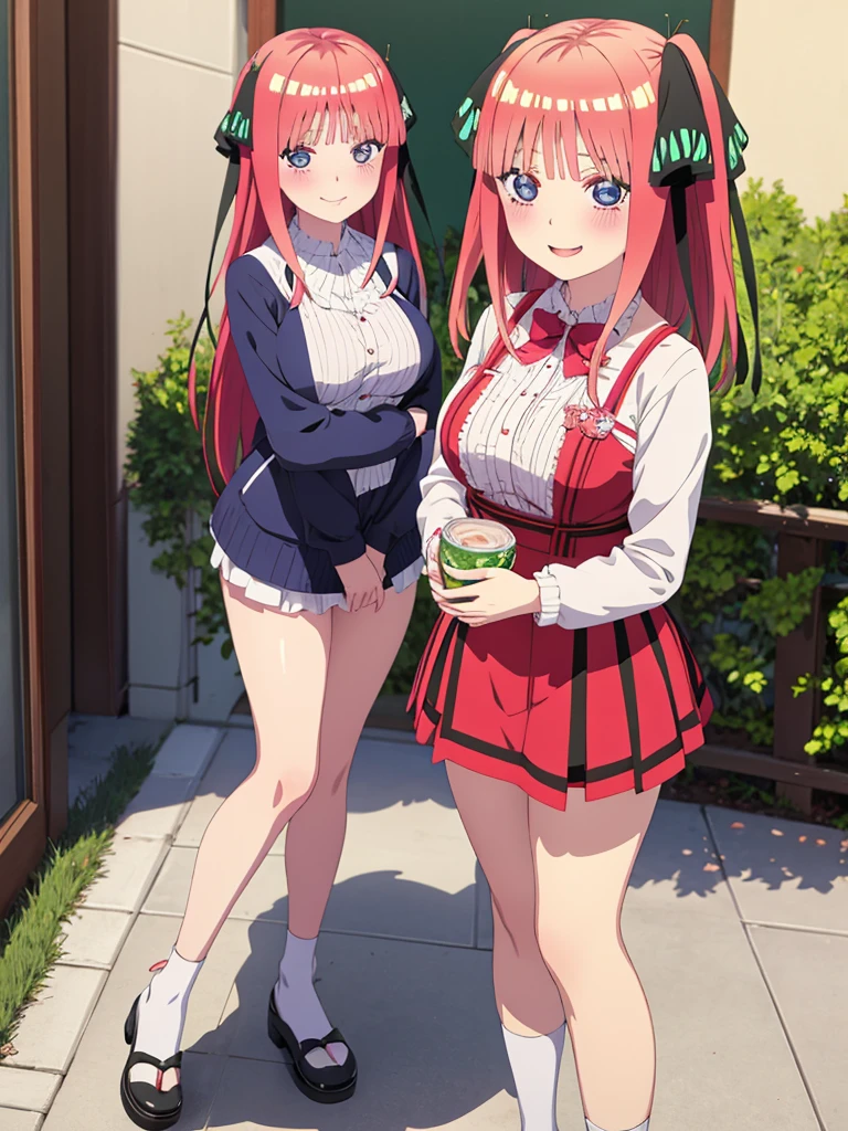 best quality, ultra-detailed masterpiece, anime art style, cute characters, nino nakano, breasts, blush, smile, full body,