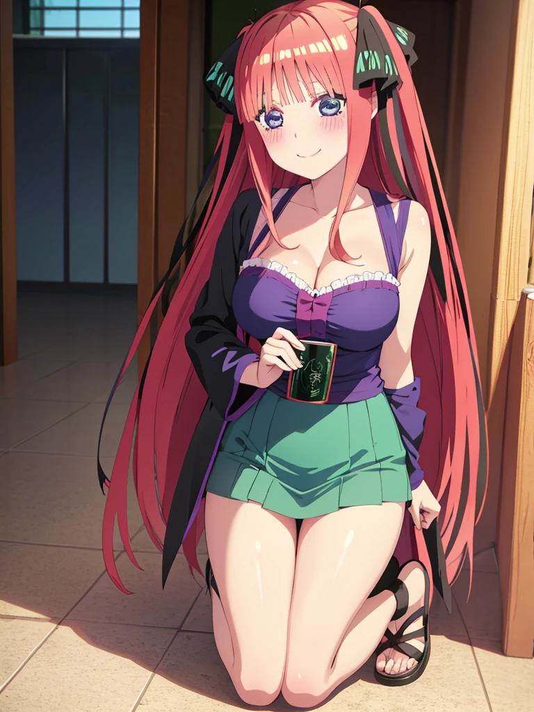 best quality, ultra-detailed masterpiece, anime art style, cute characters, nino nakano, breasts, blush, smile, full body,