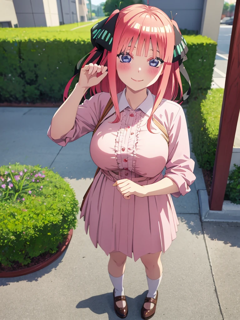 best quality, ultra-detailed masterpiece, anime art style, cute characters, nino nakano, breasts, blush, smile, full body, school