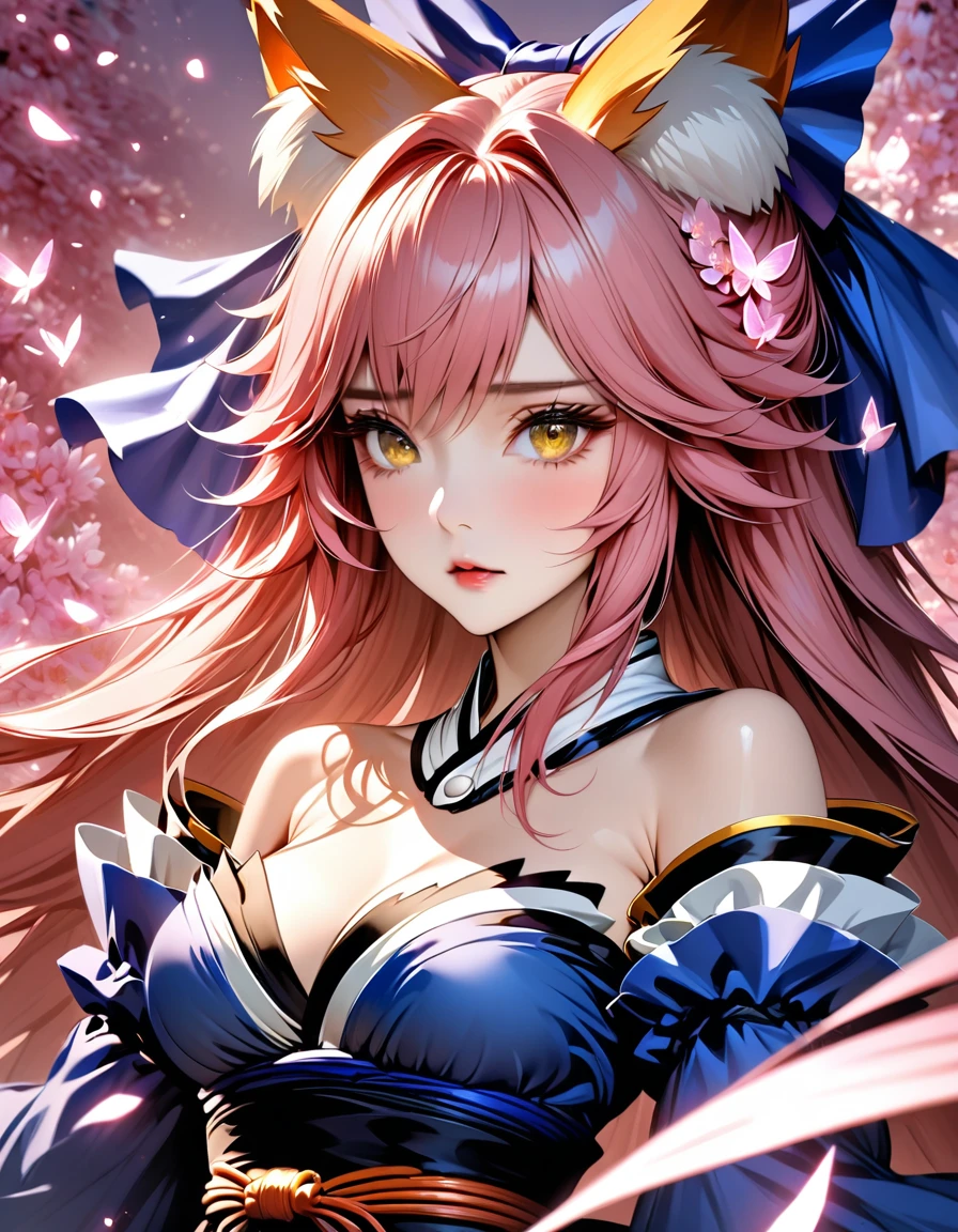 absurdres, highres, ultra detailed, HDR, master piece, best quality, Tamamo no mae, pink hair, expressive yellow eyes, fate extra , solo, woman, beautiful, black dress, blue jacket, pink butterflies, petals, pink flowers, magical, fantasy, glittering, pink background