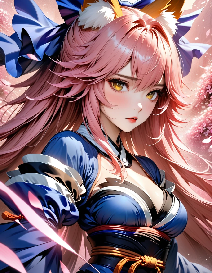 absurdres, highres, ultra detailed, HDR, master piece, best quality, Tamamo no mae, pink hair, expressive yellow eyes, fate extra , solo, woman, beautiful, black dress, blue jacket, pink butterflies, petals, pink flowers, magical, fantasy, glittering, pink background