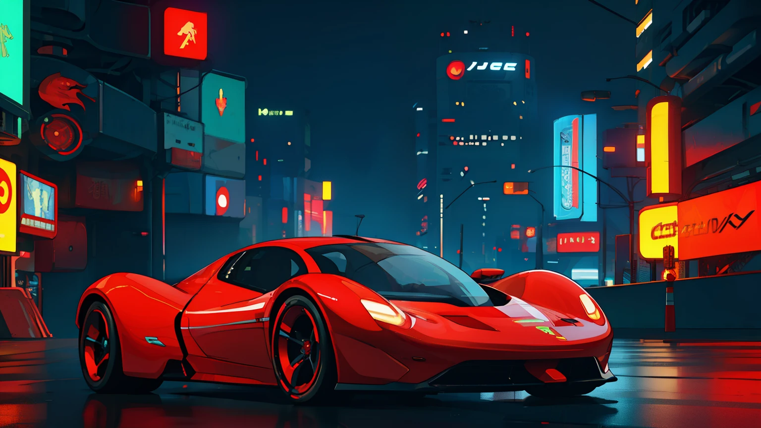 Red body, Sense of speed, super race car, concept car, electric hypercar car, profesional photo, Big wheels, Cybernetic hood, Network car parts, Front pop-up headlights, scientific fiction, science fiction scene, Natural soft light, Cyberpunk Personage, Cidade Futuristica, Cyberpunk-city, neon lights sign,highly detailed, (highly detailed back ground), Multiple buildings in the background, detailed textures,wide angles,8K,HDR,Professional photo shooting