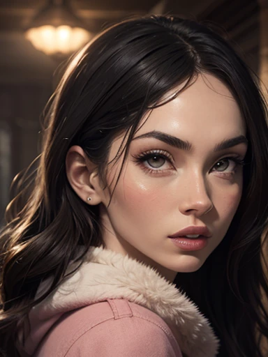 {Megan Fox}, melhor qualidade,16k,high resolution,Obra de arte:1.2),ultra-detalhado,realista,retrato, inteligente e confiante, corpo inteiro, Fuzzy pink wool coat,olhos detalhados, detailed lips,inteligente, na moda, soft lighting, brisa, atmosfera serena,criatividade,harmonia,energia positiva,Feeling of tranquility,felicidade,artistic style,meticulous attention to detail,professional illustration,exquisite rendering,cores vivas,vista perfeita,Perfectly balanced composition,efeitos de pintura hipnotizantes,obra de arte inspiradora