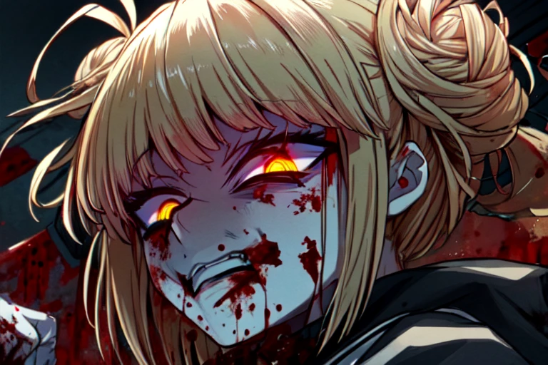 masterpiece,high quality,最high quality,4K,Very detailed,4K,Sharpen the focus,(face),head,Himiko Toga,Blonde Hair,Messy Hair,Yellow Eyes,(Glowing Eyes),(Blood splatter:1.7),Red light,笑face,big 笑face,tooth,psycho 笑face,ゲスface,Dark city background,darkness,night,(close),Good Eyes, good teeth,