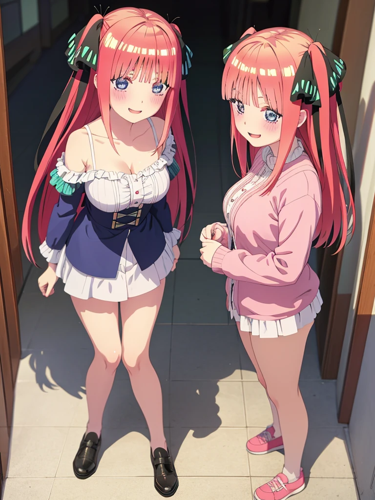 best quality, ultra-detailed masterpiece, anime art style, cute character, nino nakano, large breasts, blush, smile, one-piece swimsuit, pantyhose,