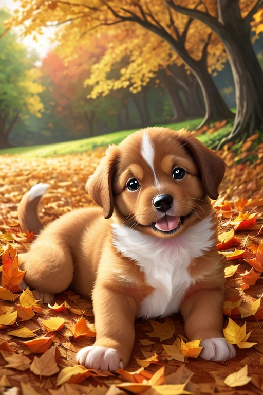 cute puppy, puppy, a brown-haired puppy playing among fallen autumn leaves, with trees of golden and orange leaves in the background, cozy and joyful atmosphere, detailed illustration style, digital art by Lisa Frank, 8K rendering, vibrant colors and soft lighting, [1], [2], [3], [4], [5], [6], [7].