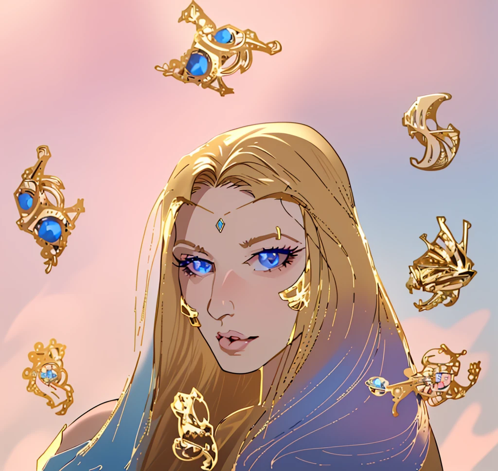 master piece, 8k detail, beautiful face, ed haired woman, glossy pink lips, blue eyes, blue eye shadow, gold jewelry on cheeks and forehead, silky hair, floating gold and diamond jewelry in air, blue sky, fingers with long nails holding hair on bottom far right,