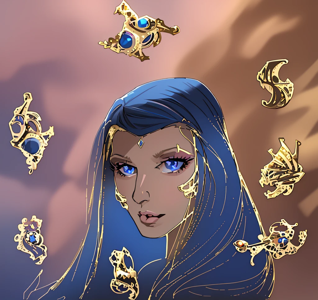 master piece, 8k detail, beautiful face, ed haired woman, glossy pink lips, blue eyes, blue eye shadow, gold jewelry on cheeks and forehead, silky hair, floating gold and diamond jewelry in air, blue sky, fingers with long nails holding hair on bottom far right,   