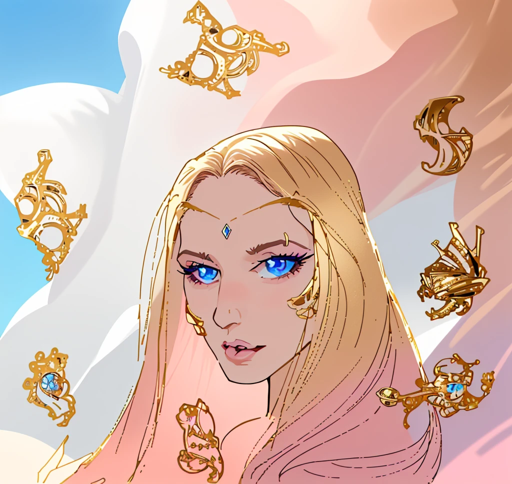 master piece, 8k detail, beautiful face, ed haired woman, glossy pink lips, blue eyes, blue eye shadow, gold jewelry on cheeks and forehead, silky hair, floating gold and diamond jewelry in air, blue sky, fingers with long nails holding hair on bottom far right,