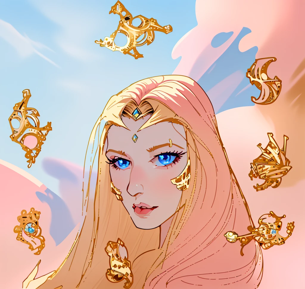 master piece, 8k detail, beautiful face, ed haired woman, glossy pink lips, blue eyes, blue eye shadow, gold jewelry on cheeks and forehead, silky hair, floating gold and diamond jewelry in air, blue sky, fingers with long nails holding hair on bottom far right,   