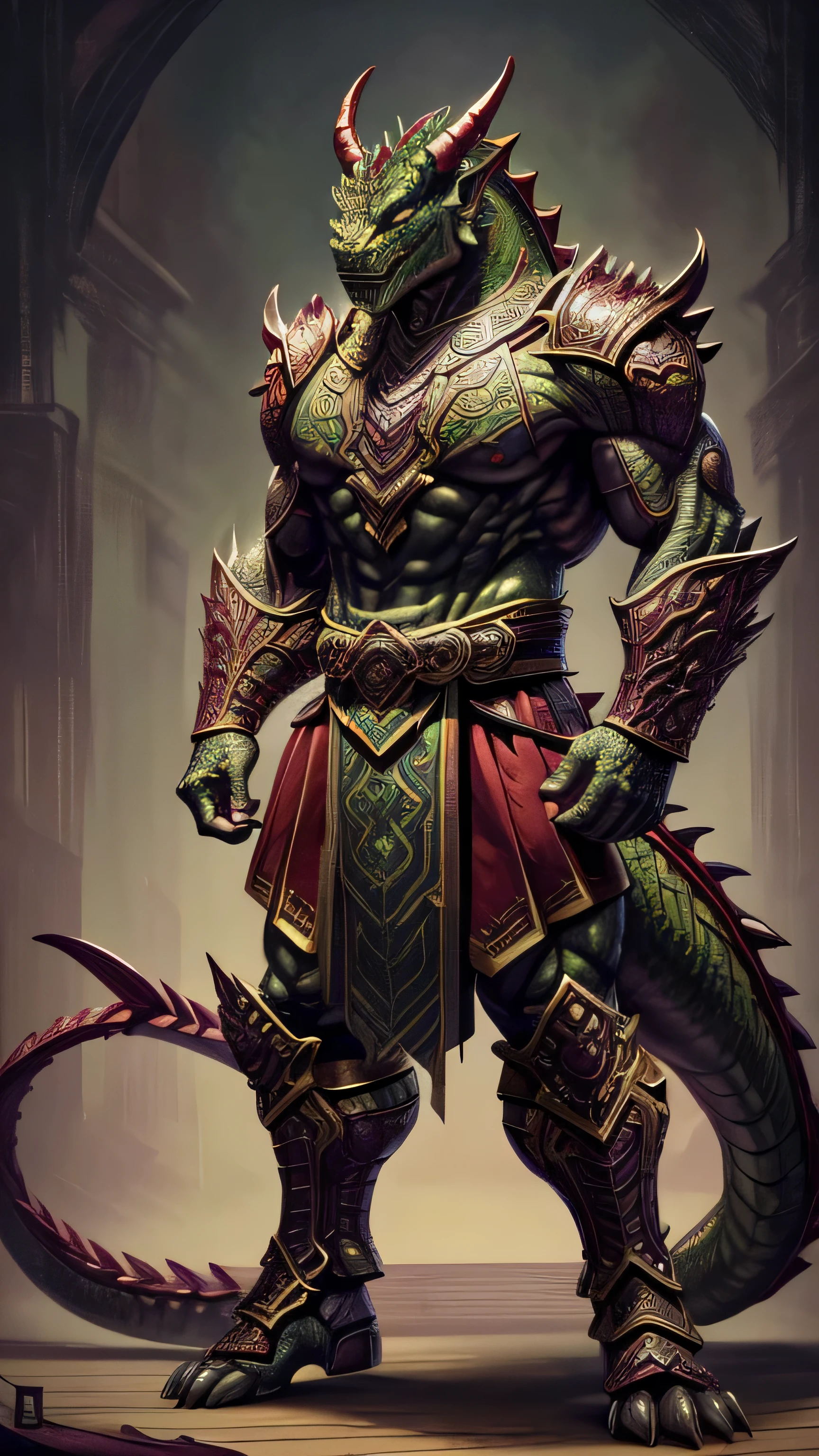 (Onaga) from Mortal Kombat, (dark green dragonborn), massive muscular physique, (glowing purple eyes:0.75), horns, tail, royal ornate maroon armor, intricate motifs, 1man, solo, full body view, front view, looking at viewer, intricate, high detail, sharp focus, dramatic, photorealistic painting art by greg rutkowski