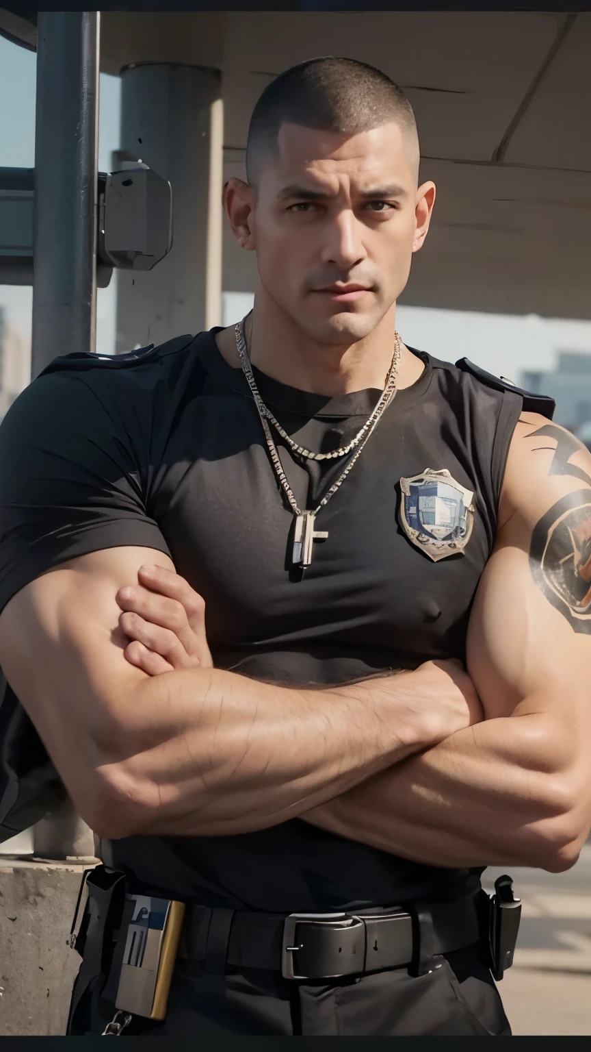 police, police officer, police officer uniform, jail, cops, daddy, old man, handsome old man, handsome male wearing police officer uniform, muscular, muscular arms, tattooed, tattooed arms, veiny, buzz cut, necklace, earrings, seductive smile, seductive, 8k, super detail, masterpiece, textured skin, best quality, 8k, realistic, super realistic, from below