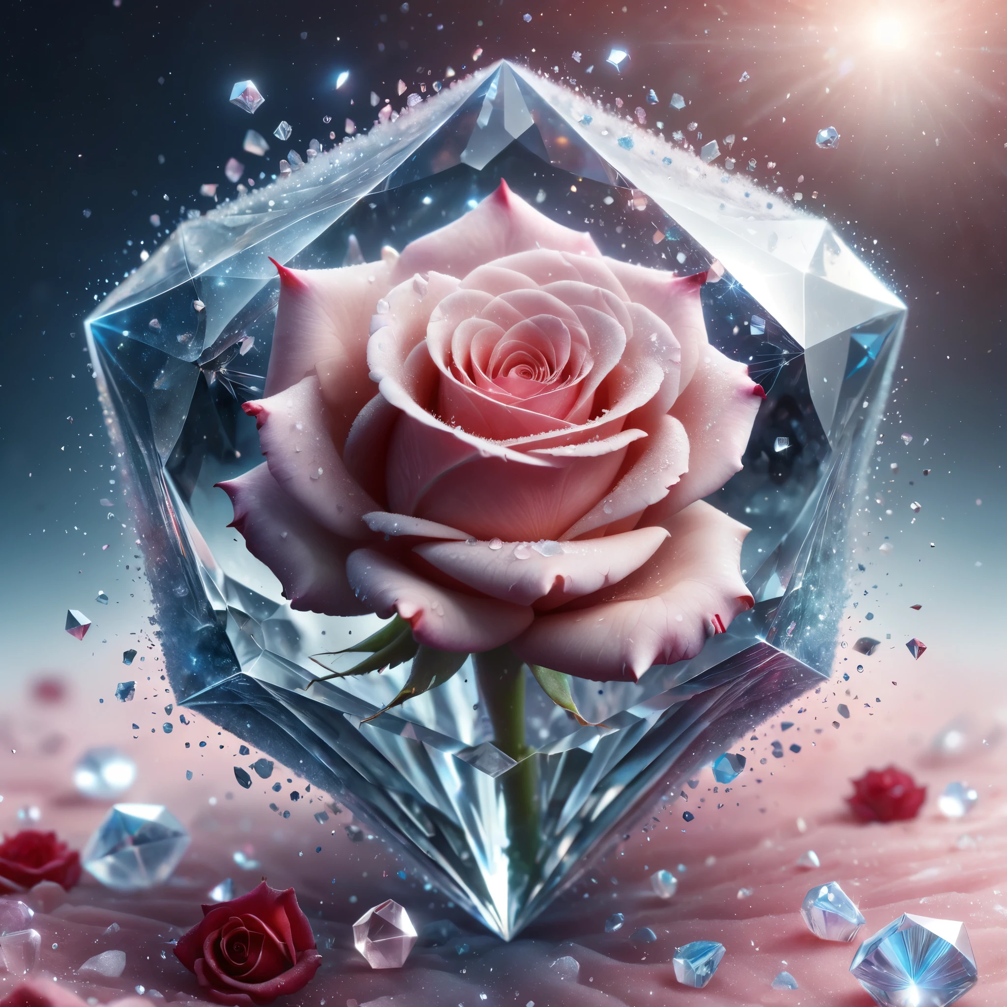a close up of a rose surrounded by crystals, cgsociety award, interconnected human lifeforms, dribbble, stunning image, diamond prisms, affinity photo, cosmic entity, one thousand years of longing, cgi society, cgworld, [ shards, very beautiful photo, eternal