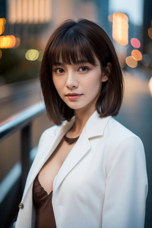 ((highest quality, 8k, masterpiece :1.3)), whole body, Sharp focus :1.2, Beautiful woman with perfect figure :1.4, Slim Abs :1.2, ((Dark brown hair, Big Breasts :1.2)), Body Dress :1.1, (Night city view, Modern balcony :1.1), Highly detailed face and skin texture, Fine grain, double eyelid, Small Bust, White coat uniform, White T-shirt, Exposed cleavage,Symmetrical face、Sebaceous reflex、bangs