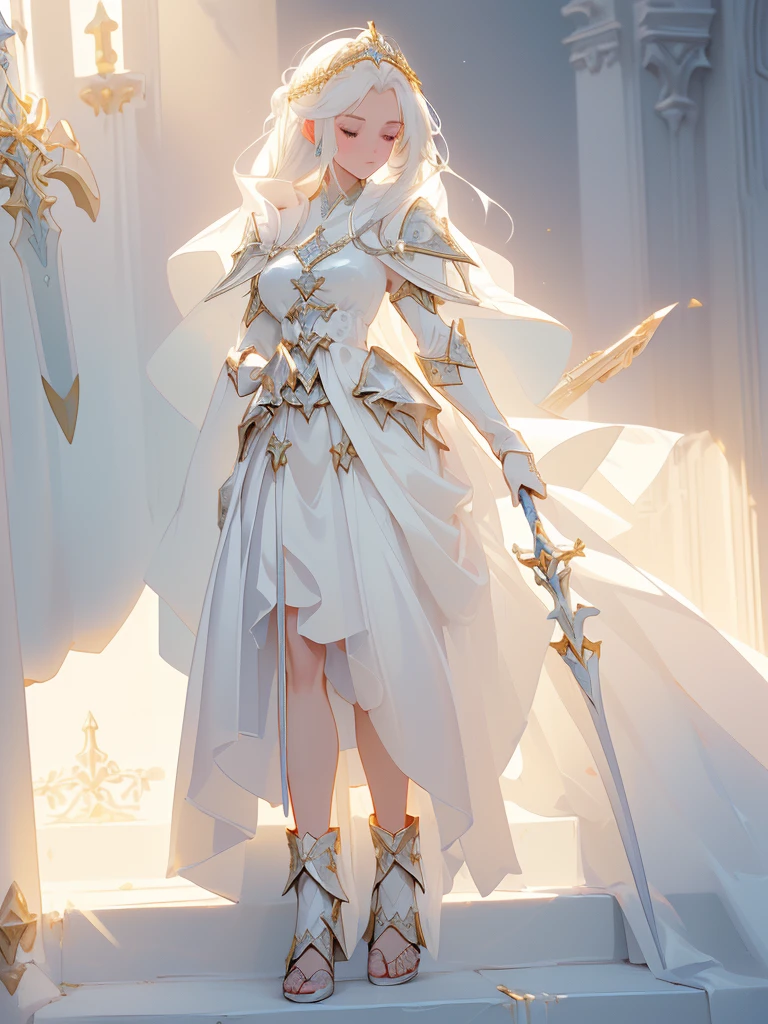 Design a layout showcase Gaming character, (1girl). White+Gold outfit, divine and radiant, ((showcase weapon:1.4)), holy staff, (masterpiece:1.2), (best quality), 4k, ultra-detailed, (Step by step design, layout art:1.5), (heavenly lighting, soft glow), priestess, ((halo above head)), (((silk gloves:1.3))), flowing gown, sandals, (((full_body_shot:1.4)))