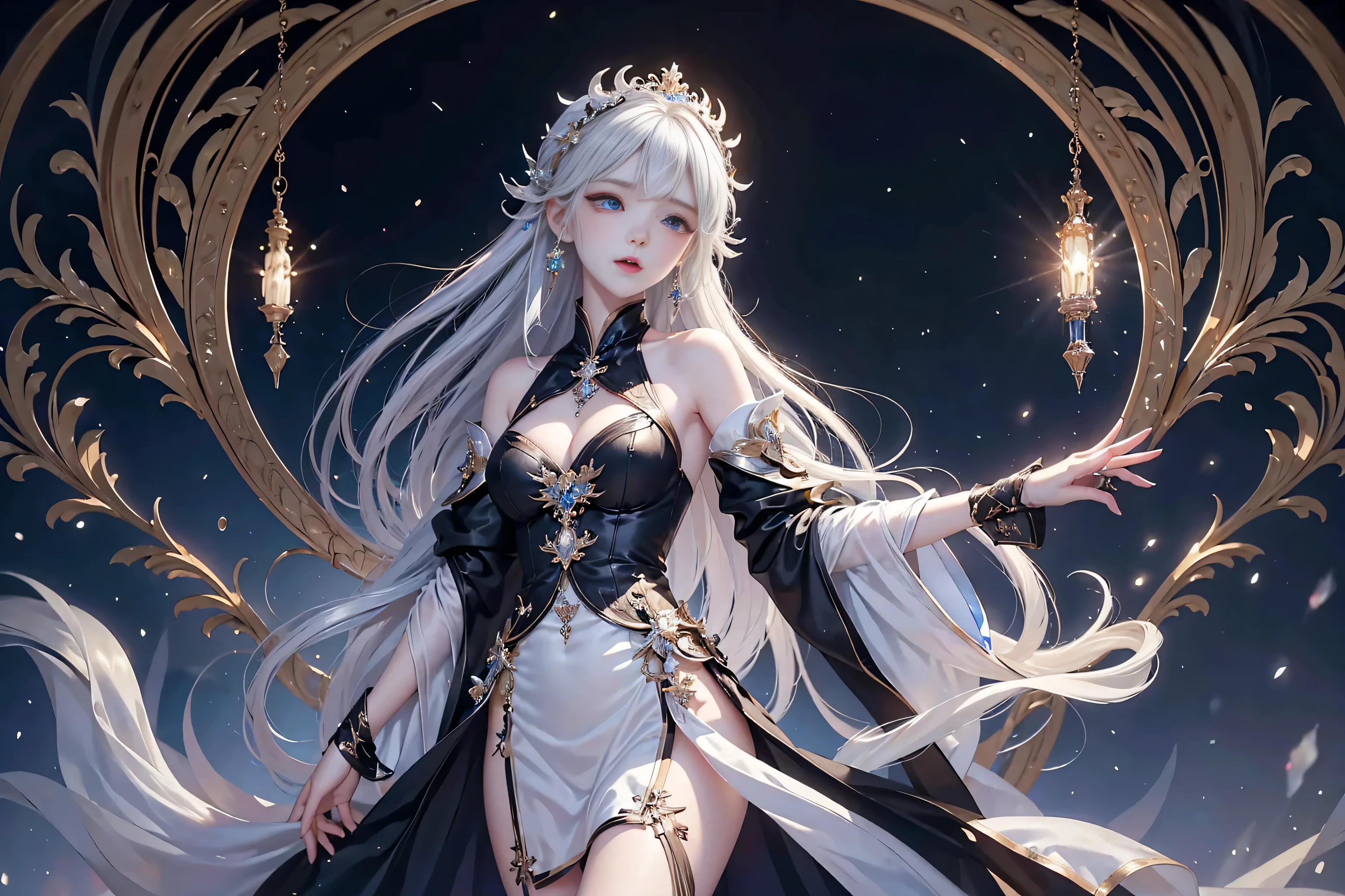 Night view,star,（White Haired Girl:1.5）,（（masterpiece））、（detailed：1.4）（close）、Top view、（Backlight）(A fantastic atmosphere、Ancient capital、Amazing beauty images,One Woman、white dust、Light and dance-like、Suspended particles), (Black Dress、Long dress with sleeves、Exposing shoulders、Off the shoulder)、（Gray hair that changes with light、length, Lustrous white hair、WHITE hair fluttering in the wind、Beautiful Bangs:1.3）、（Beautiful white and shining skin、Cheek gloss highlighter、Sexy and very beautiful and adorable face、The most beautiful face in the world、big, Sparkling blue eyes）、（Cute 25 year old girl、small beautiful breasts、Great cleavage and a tiny waist、Delicate shoulders、Perfect figure）Close-up image
